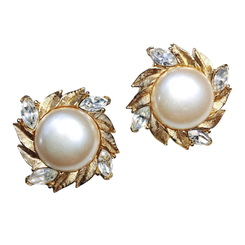 VTG Trifari Clip-On Earrings, Big Faux Pearl Gold Tone Marquise Rhinestones, 80s